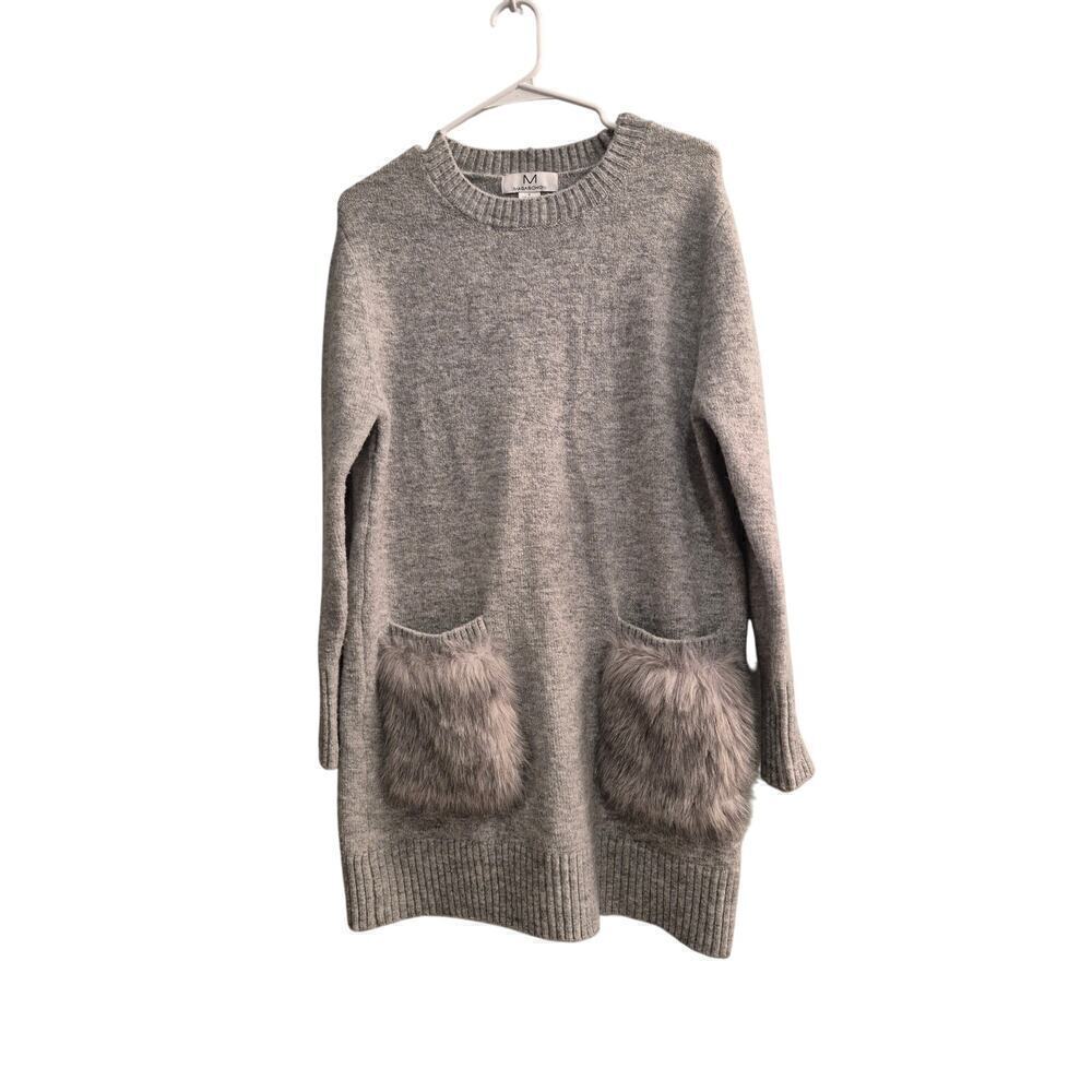 Magaschoni Sz.S, Poly Blend Grey Sweater Dress/Tunic Faux Fur Pockets